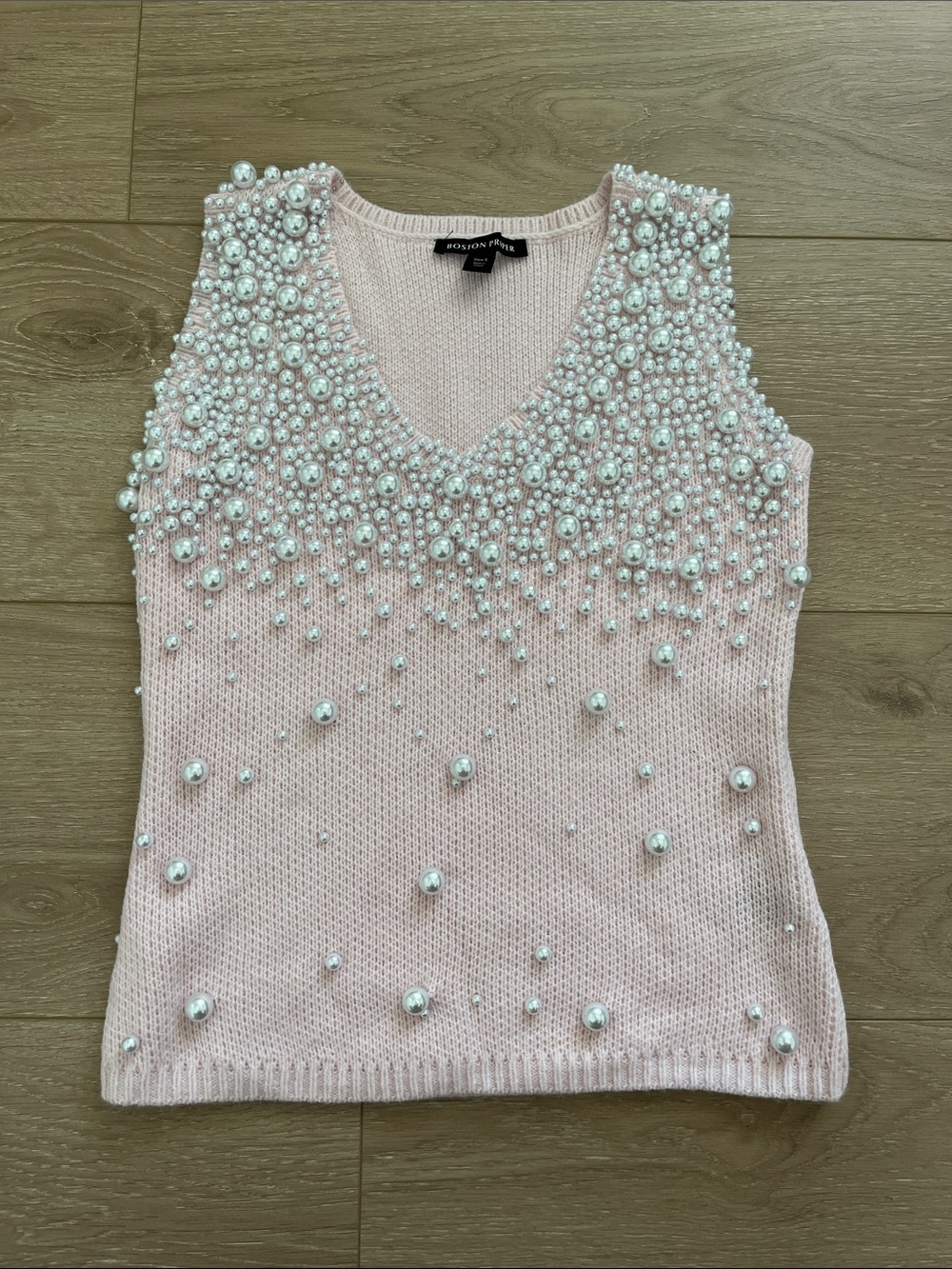 Boston Proper Pale Pink Pearl-Embellished V-Neck Knit Tank Size Small